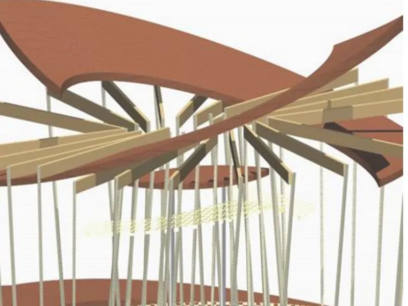 Rendering of the spiral timber roof structure over a circular plaza on BLOSSOM Street