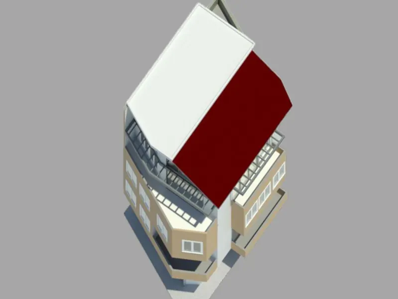 Aerial 3D rendering of the four-story BOUG Building with its red and white roof